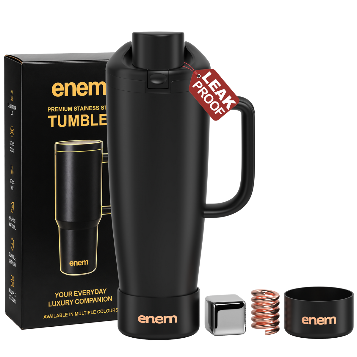 enem Midnight Black Inbuilt Straw Tumbler with Handle, Stainless Steel Large Travel Mug, 1.2L