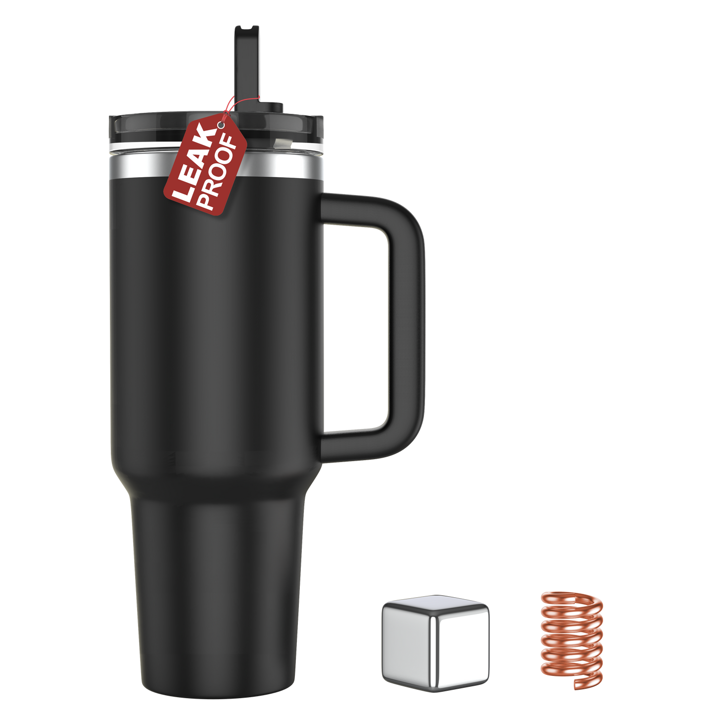 Enem Tumbler, Deep Black, Tumbler with Inbuilt Straw, Sipper, with Lid Leak Proof, 1 Metal Ice Cube & 1 Copper Spring