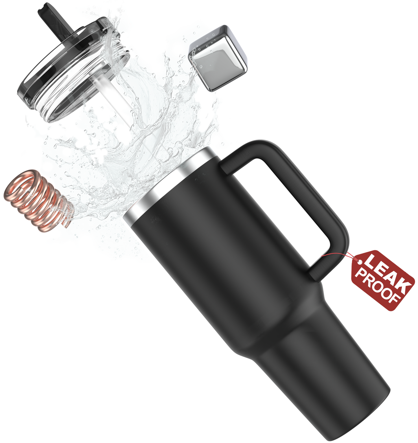 Tumbler, Deep Black, Tumbler with Inbuilt Straw, Sipper, with Lid Leak Proof, 1 Metal Ice Cube & 1 Copper Spring