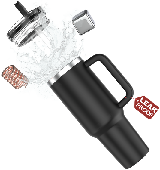 enem Tumbler, Classic Black, Tumbler with Inbuilt Straw, Sipper, with Lid Leak Proof, 1 Metal Ice Cube & 1 Copper Spring (Tamba), Mug Travel, 1.2L