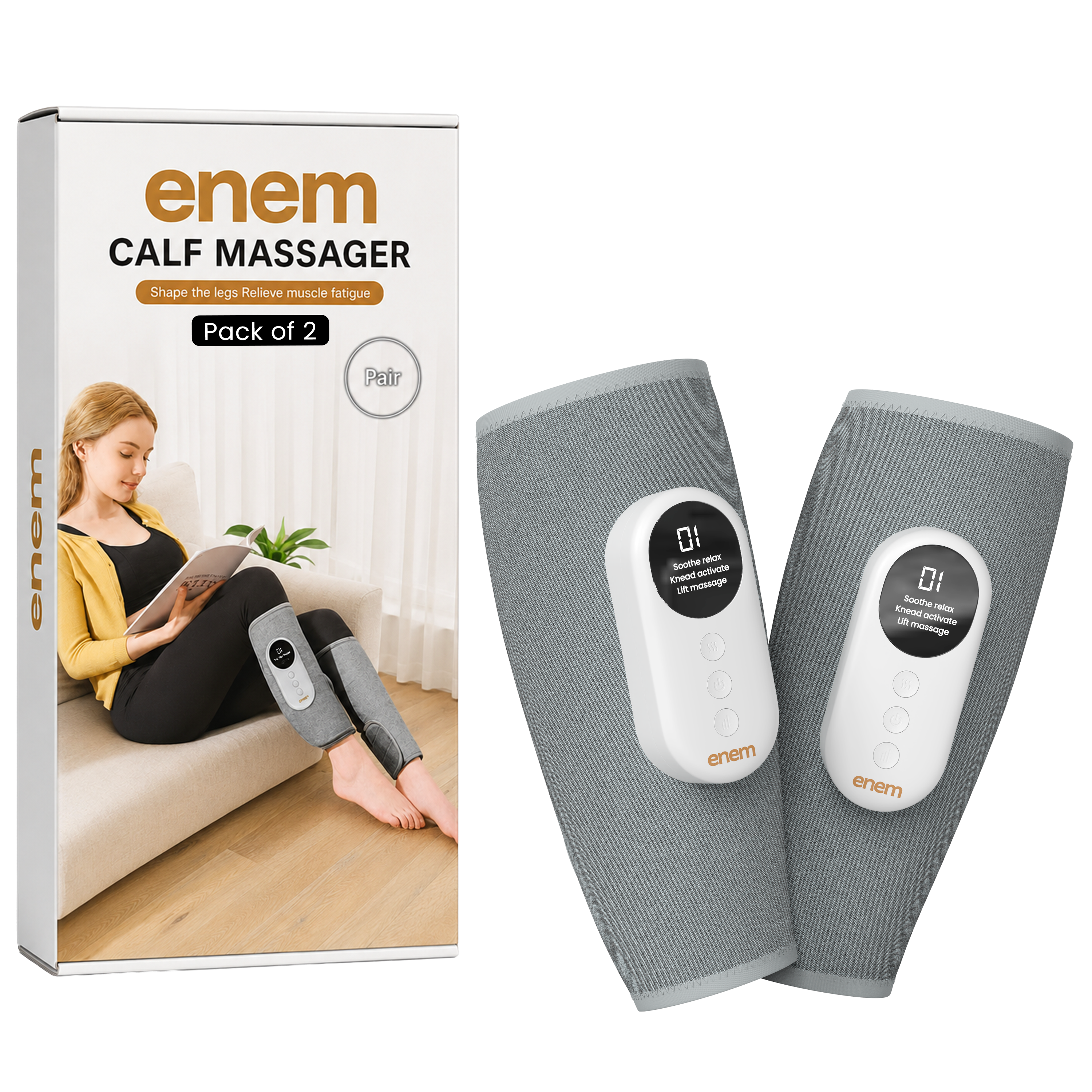 enem Leg Massager for Circulation, Air Compression Calf Massager with Heat, 3 Massage Modes & 3 Intensity Levels, Adjustable Leg Wraps for Muscle Relaxation, Foot & Calf Massage, (Pair, Gr