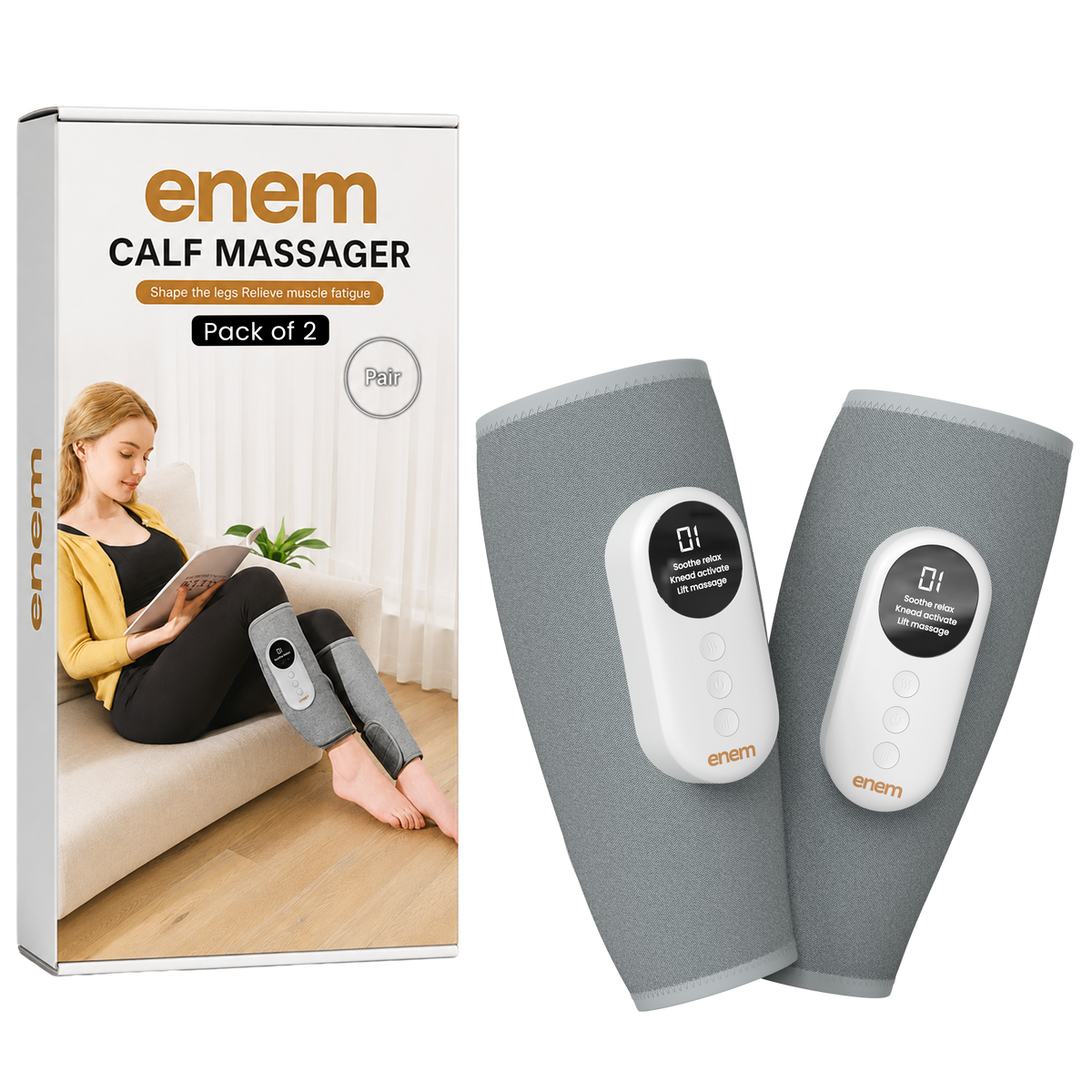 enem Leg Massager for Circulation, Air Compression Calf Massager with Heat, 3 Massage Modes & 3 Intensity Levels, Adjustable Leg Wraps for Muscle Relaxation, Foot & Calf Massage, (Pair, Gr