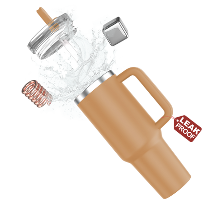 enem Tumbler, Soft Caramel, Tumbler with Inbuilt Straw, Sipper, with Lid Leak Proof, 1 Metal Ice Cube & 1 Copper Spring (Tamba), Mug Travel, 1.2L