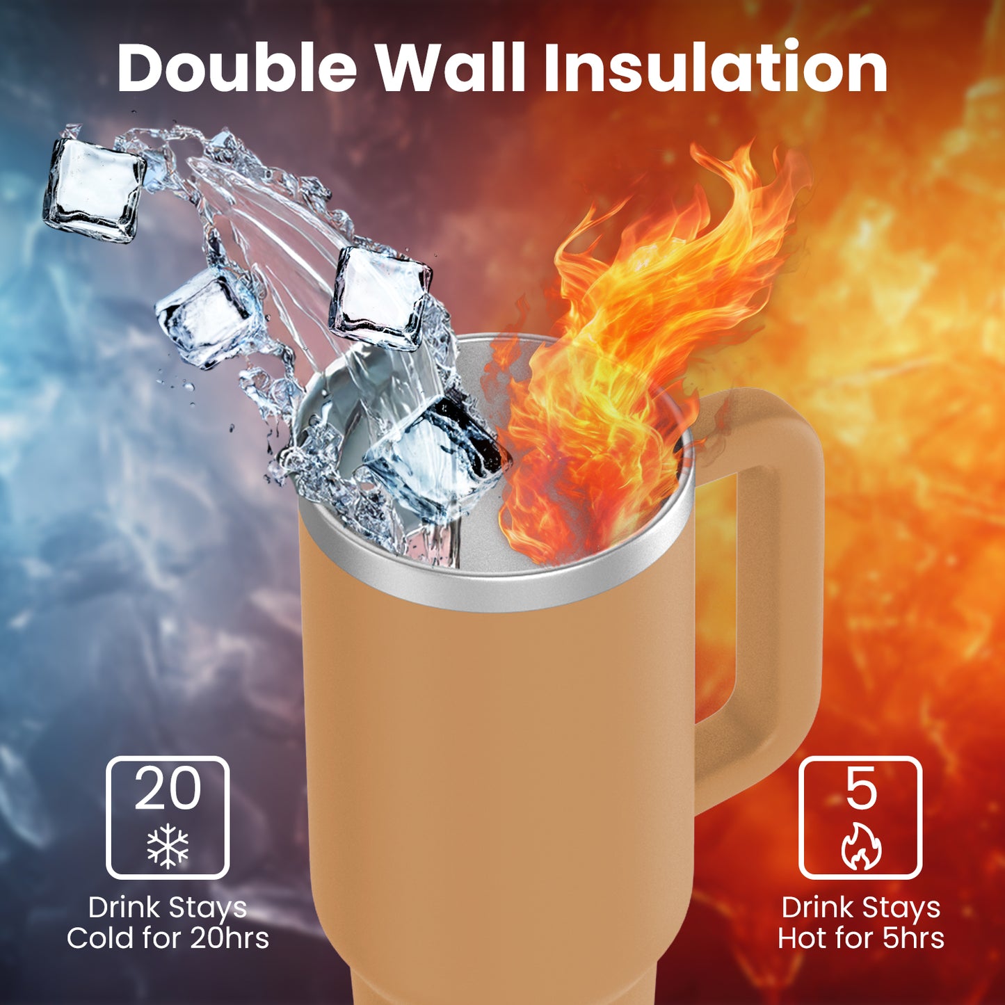 enem Tumbler, Soft Caramel, Tumbler with Inbuilt Straw, Sipper, with Lid Leak Proof, 1 Metal Ice Cube & 1 Copper Spring (Tamba), Mug Travel, 1.2L