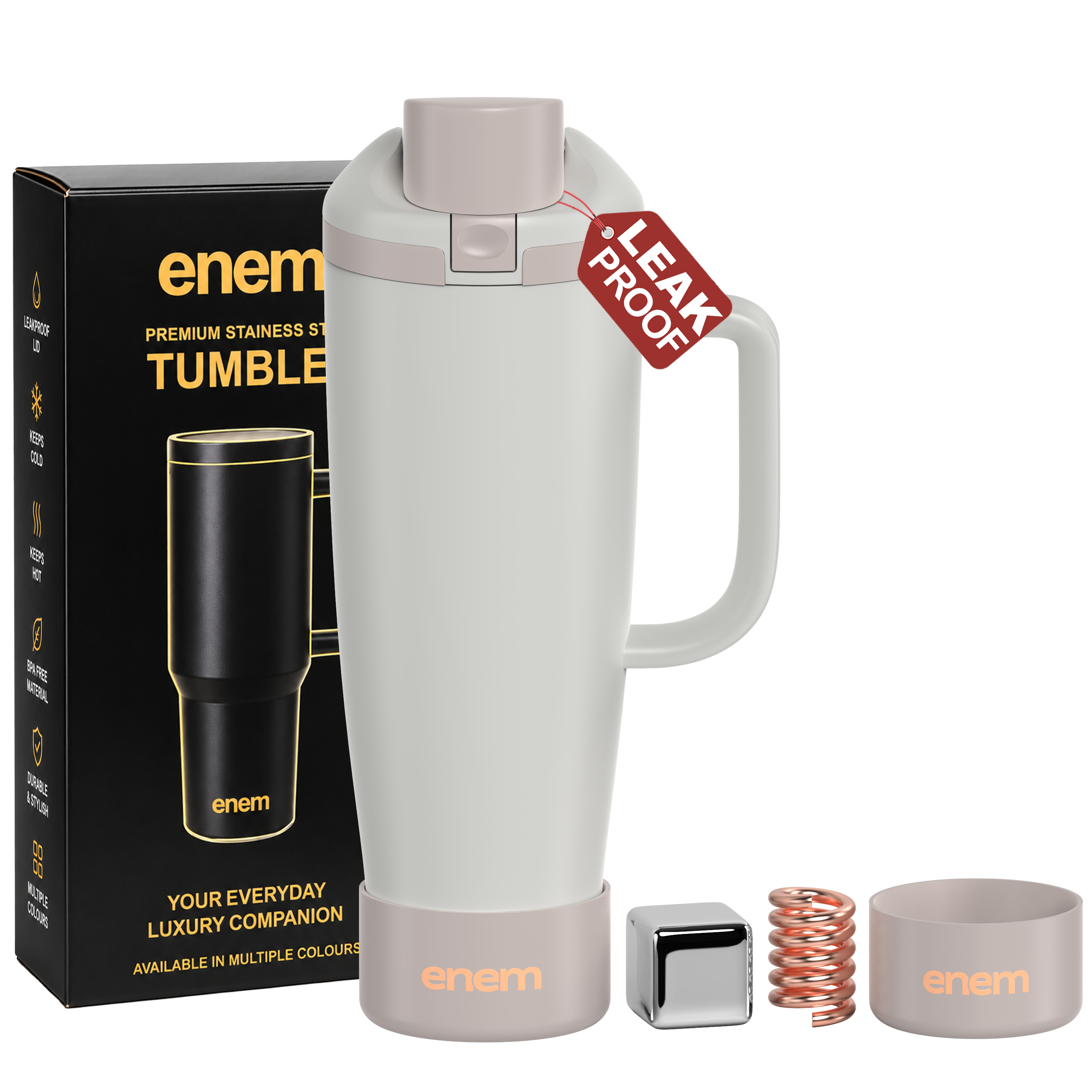 enem Vanilla Latte Inbuilt Straw Tumbler with Handle, Stainless Steel Large Travel Mug, 1.2L