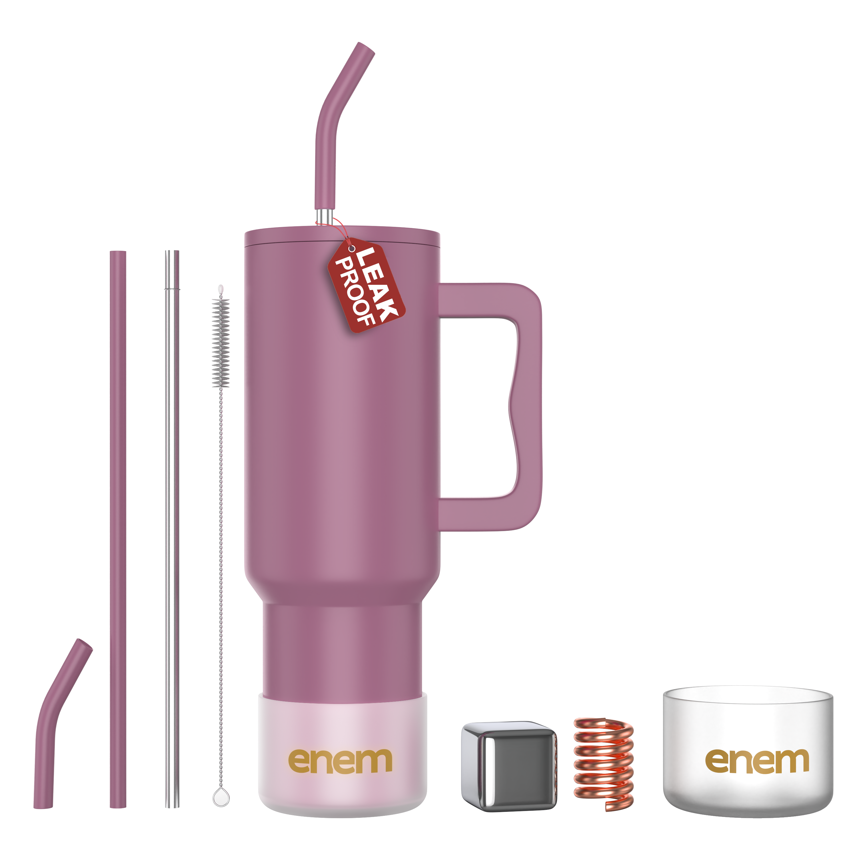 enem Tumbler, Rose Dusk, Tumbler with Metal Straw, Sipper, with Lid , 1 Metal Ice Cube, 1 Copper Spring (Tamba), Base Protector, Mug Travel, 1.2L