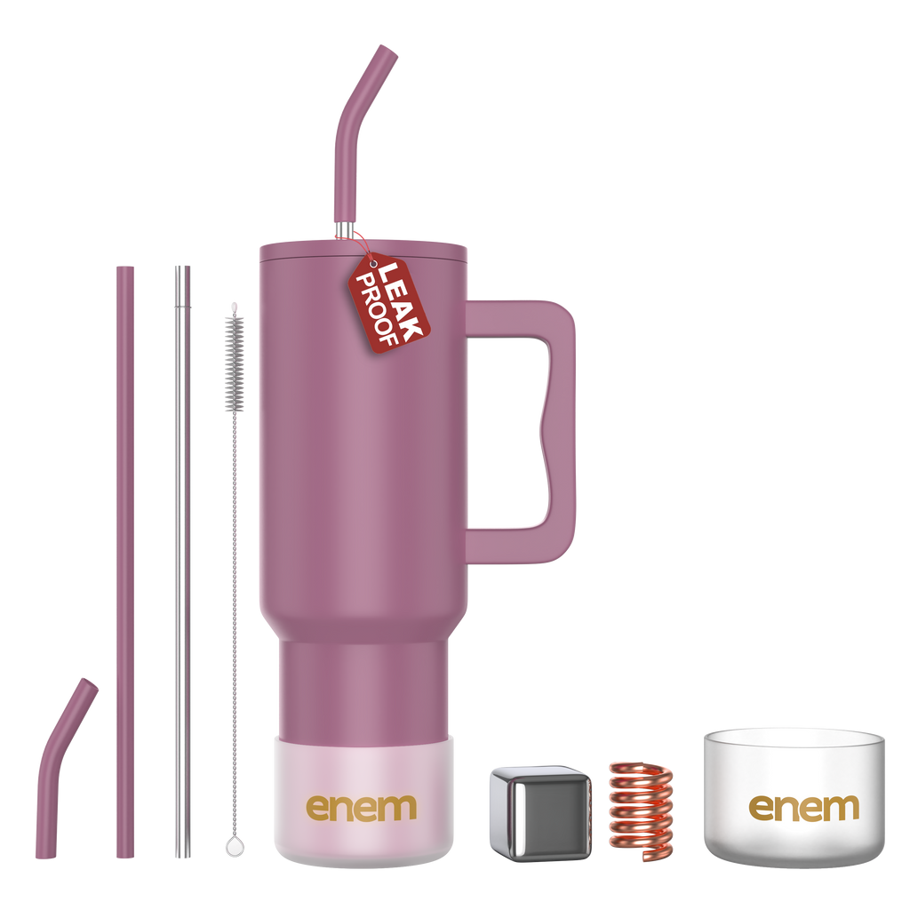 enem Tumbler, Rose Dusk, Tumbler with Metal Straw, Sipper, with Lid Leak Proof, 1 Metal Ice Cube, 1 Copper Spring (Tamba), Base Protector, Mug Travel, 1.2L