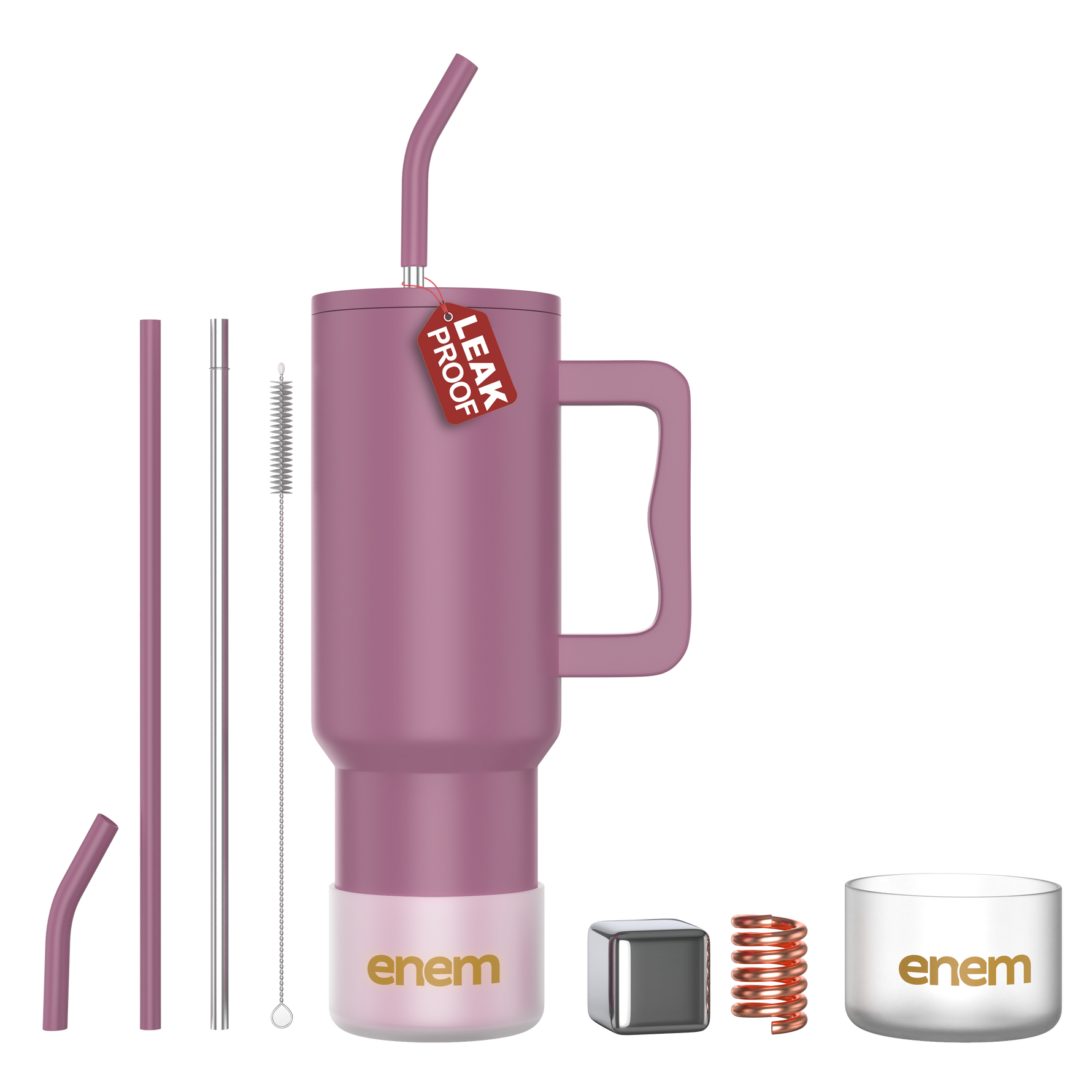 enem Tumbler, Rose Dusk, Tumbler with Metal Straw, Sipper, with Lid , 1 Metal Ice Cube, 1 Copper Spring (Tamba), Base Protector, Mug Travel, 1.2L