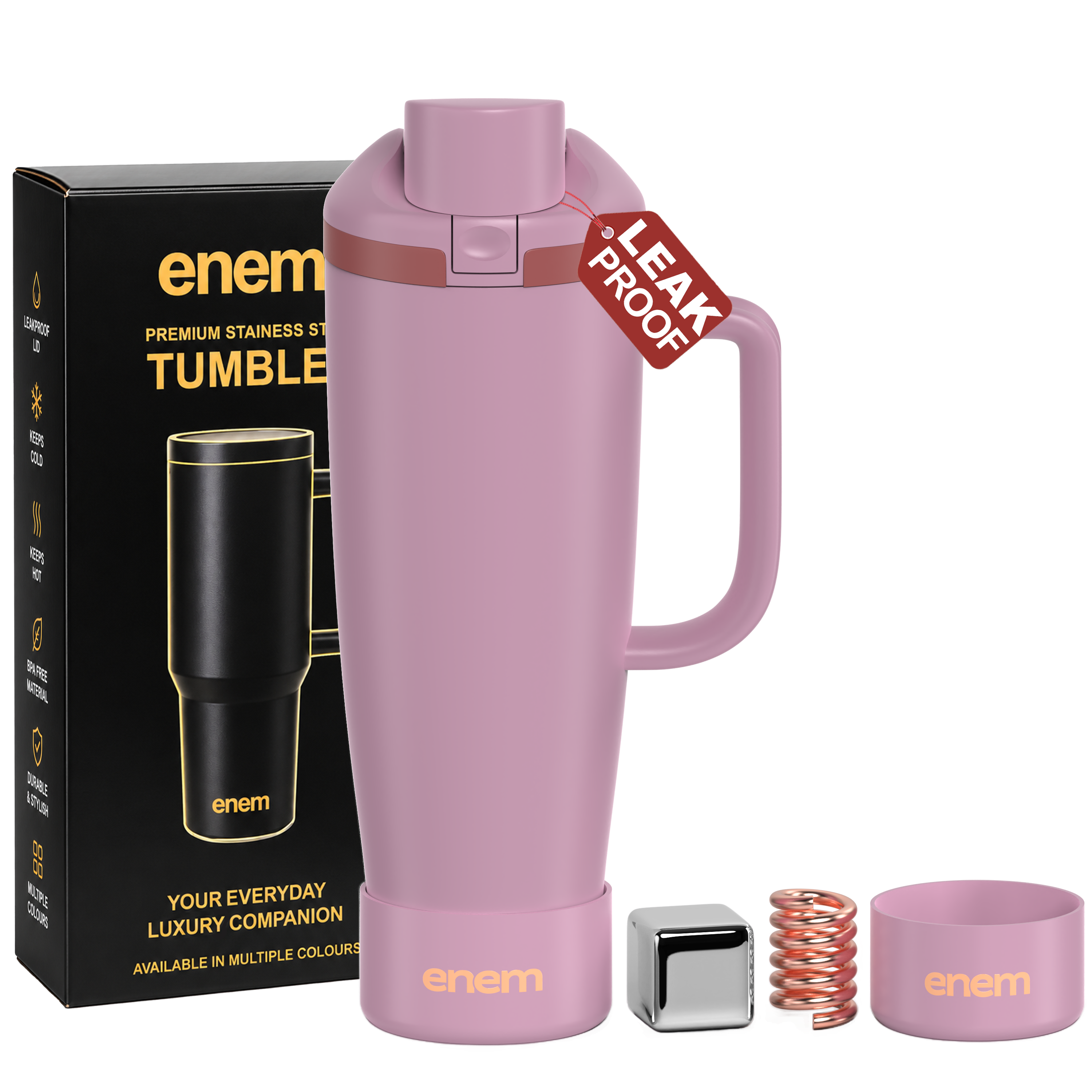 enem Velvet Rose Inbuilt Straw Tumbler with Handle, Stainless Steel Large Travel Mug, 1.2L