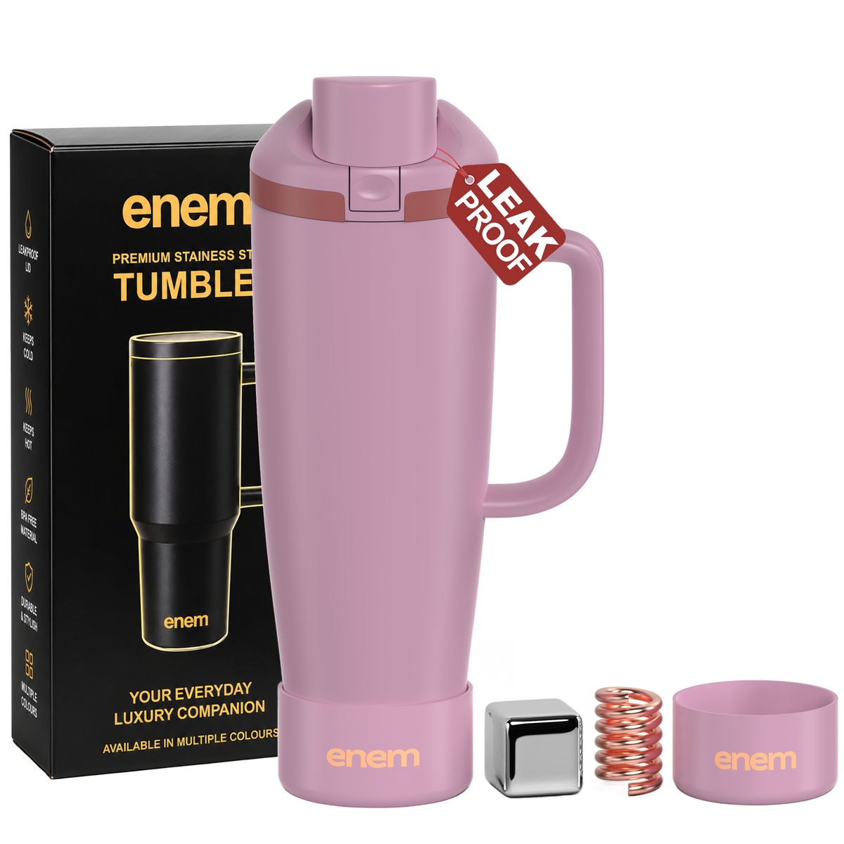 enem Velvet Rose Inbuilt Straw Tumbler with Handle, Stainless Steel Large Travel Mug, 1.2L