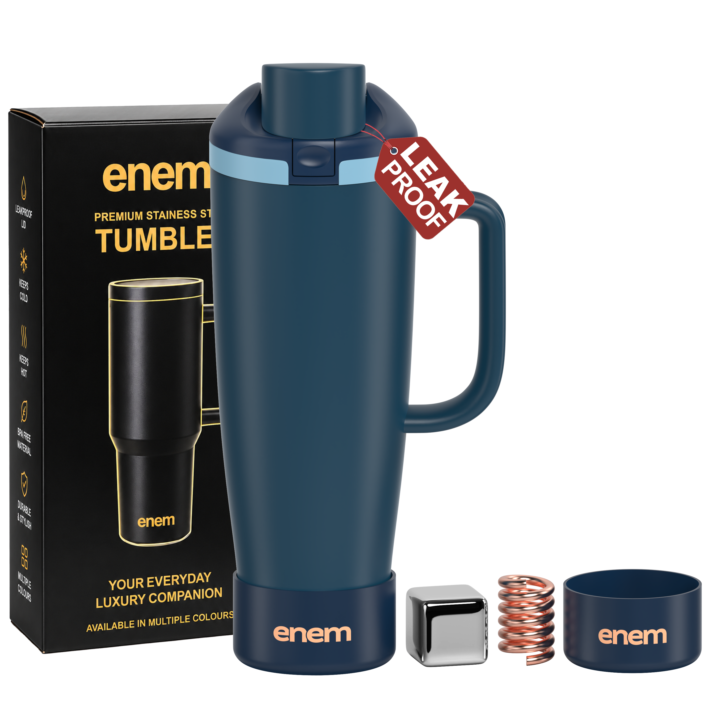 enem Deep Dive Inbuilt Straw Tumbler with Handle, Stainless Steel Large Travel Mug, 1.2L