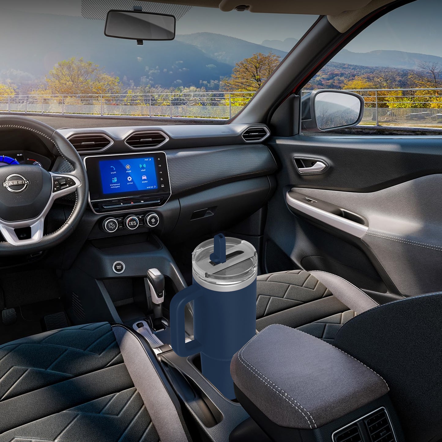 enem Tumbler, Denim Sky, Tumbler with Inbuilt Straw, Sipper, with Lid Leak Proof, 1 Metal Ice Cube & 1 Copper Spring (Tamba), Mug Travel, 1.2L