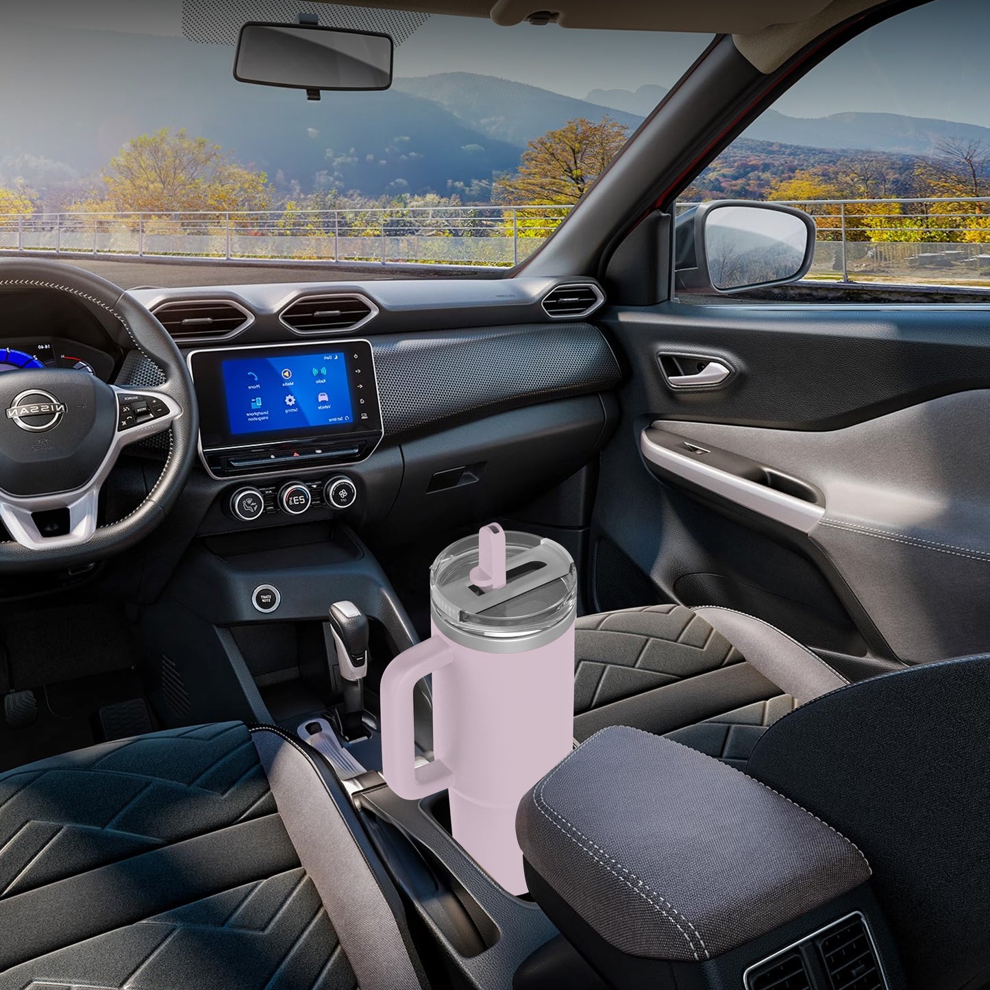 enem Tumbler, Velvet Lilac. Tumbler with Inbuilt Straw, Sipper, with Lid Leak Proof, 1 Metal Ice Cube & 1 Copper Spring (Tamba), Mug Travel, 1.2L