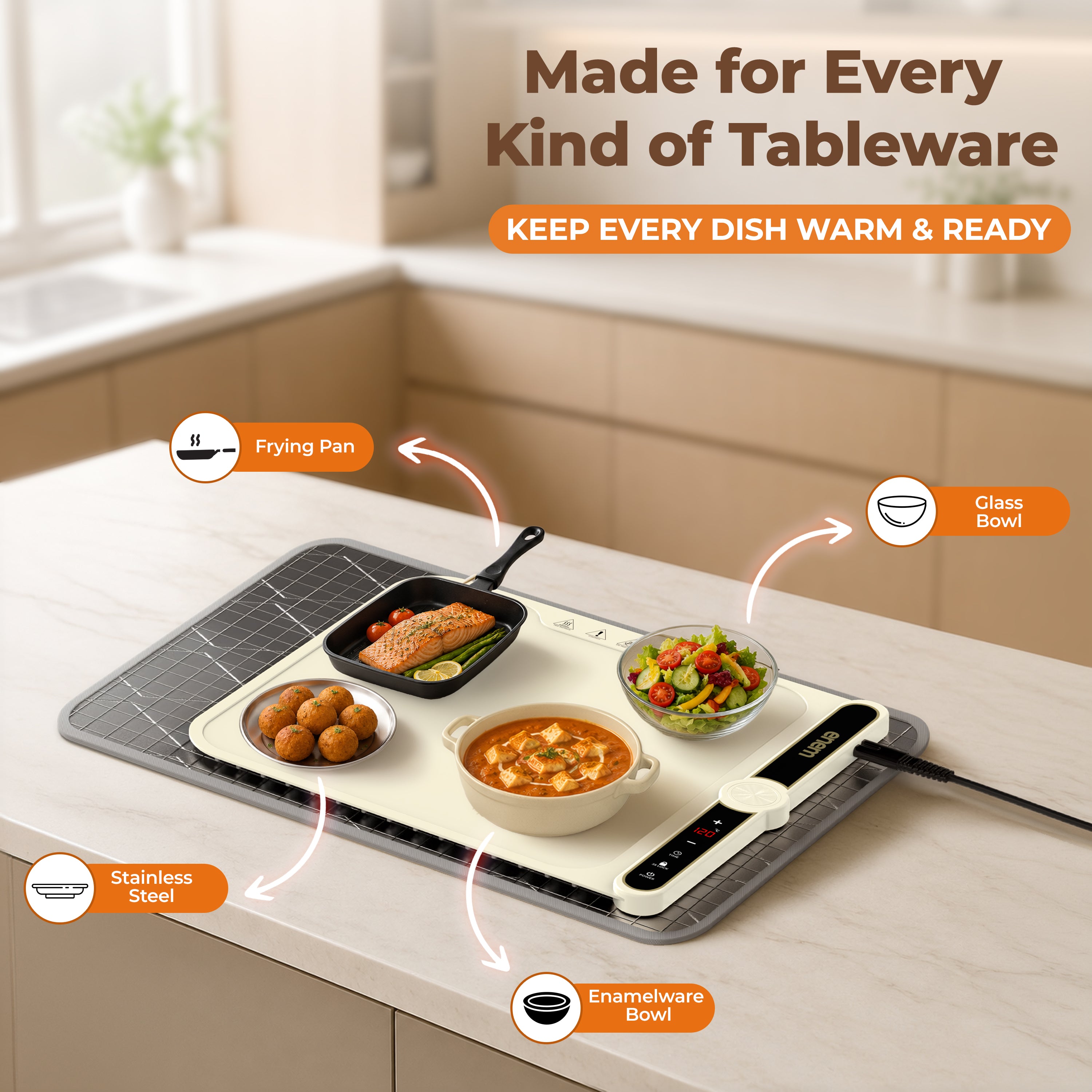 Enem Food Warmer Electric, Heat Pad with 4 Adjustable Temperature Levels, 1 Year Warranty & Full Customer Support from Enem, Food Warmer, Food Warming Mat, 40cm * 38 cm
