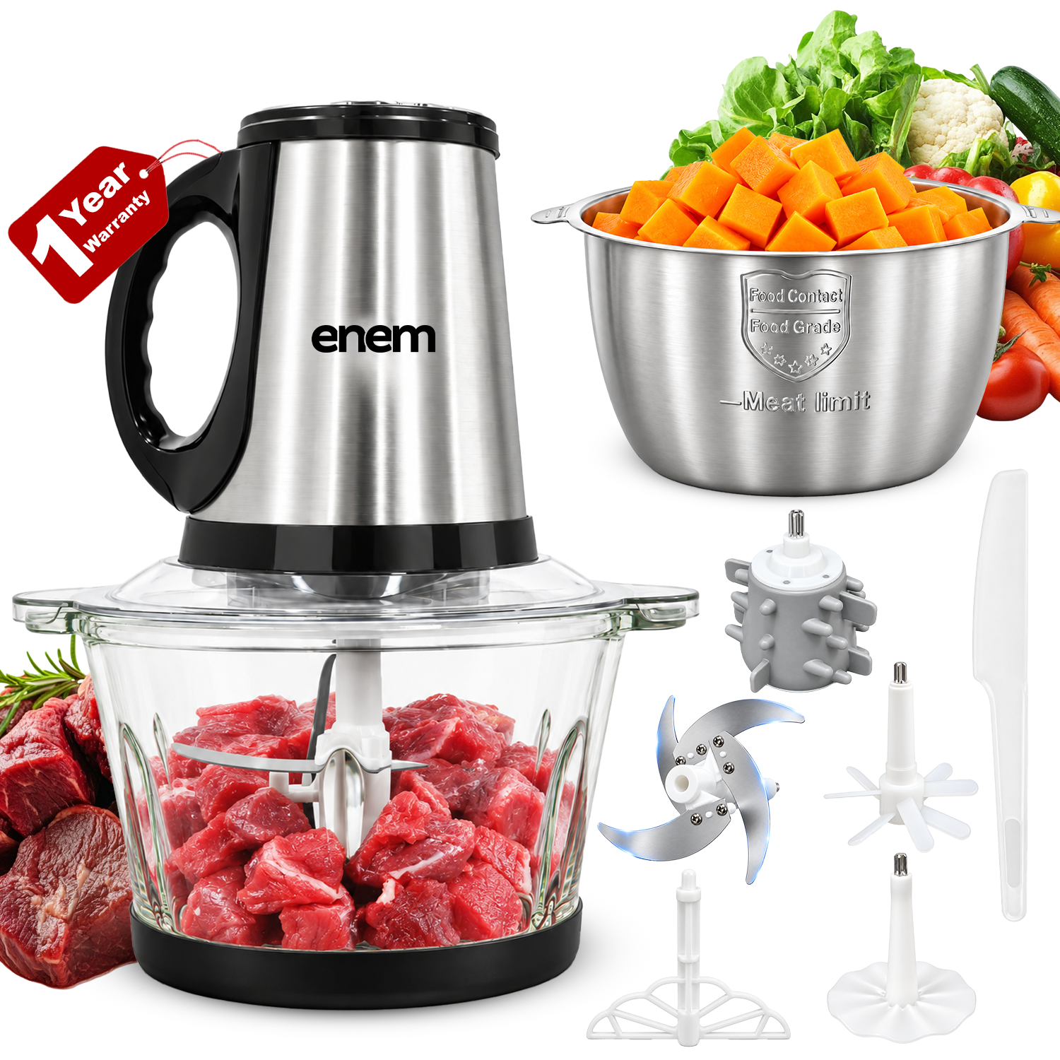 enem Electric Chopper for Kitchen, 2 Litre Stainless Steel Meat Mincer with Glass Container, 300W Vegetable Cutter with 5 Attachments, Garlic Peeler, Egg Whisker & Carrot Grater (Copy)