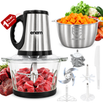 enem Electric Chopper for Kitchen, 2 Litre Stainless Steel Meat Mincer with Glass Container, 300W Vegetable Cutter with 5 Attachments, Garlic Peeler, Egg Whisker & Carrot Grater (Copy)