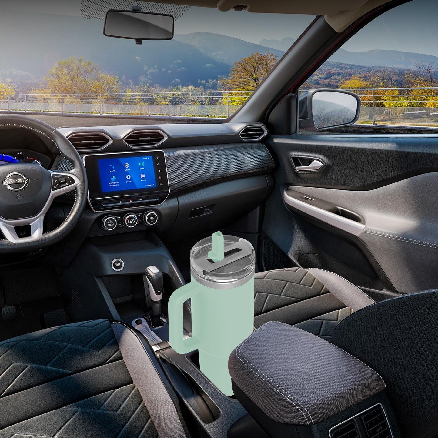 enem Tumbler, Matcha Mood, Tumbler with Inbuilt Straw, Sipper, with Lid Leak Proof, 1 Metal Ice Cube & 1 Copper Spring (Tamba), Mug Travel, 1.2L