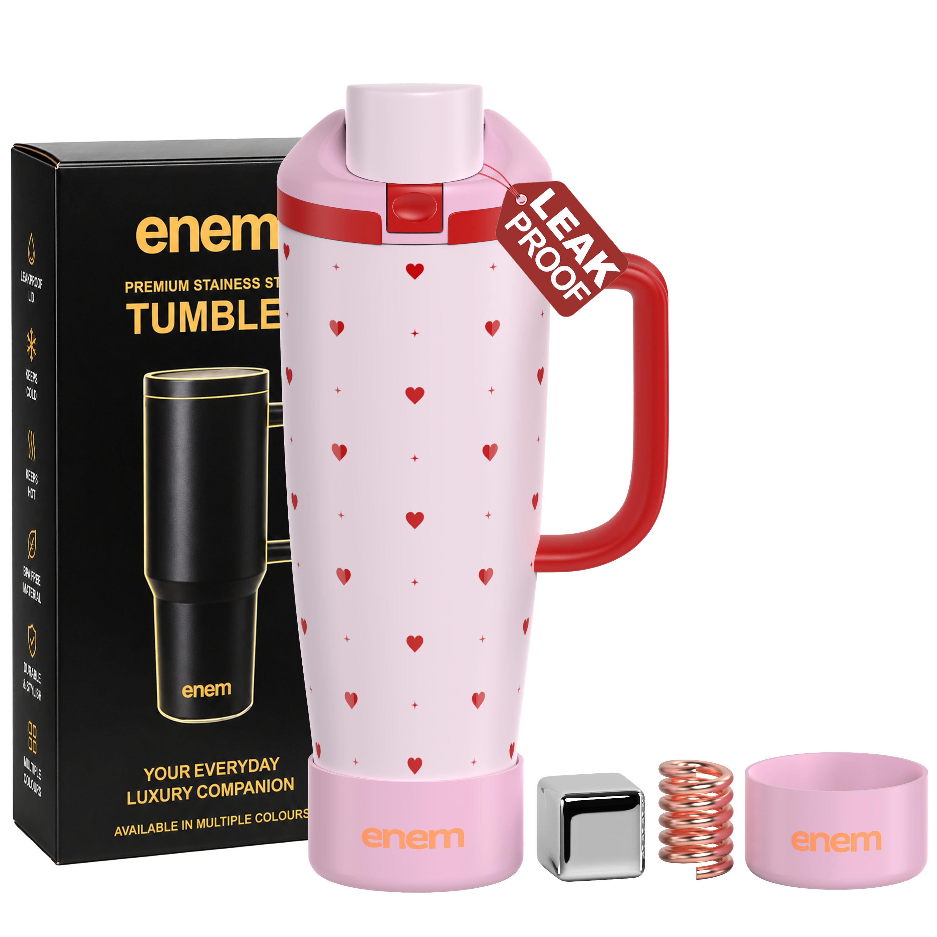 enem Pink Crush Inbuilt Straw Tumbler with Handle, Stainless Steel Large Travel Mug, 1.2L