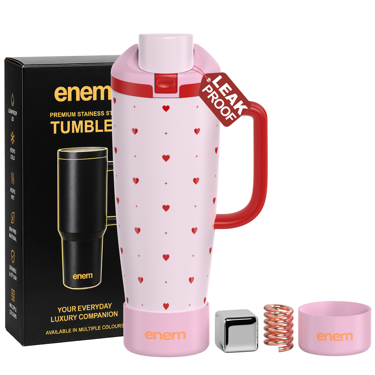 enem Pink Crush Inbuilt Straw Tumbler with Handle, Stainless Steel Large Travel Mug, 1.2L