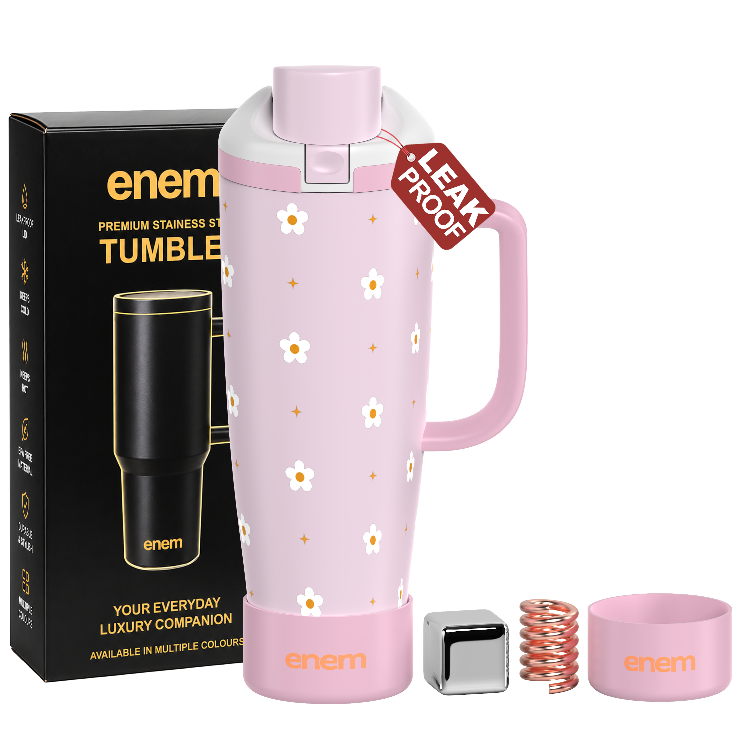 enem Sweet Floral Inbuilt Straw Tumbler with Handle, Stainless Steel Large Travel Mug, 1.2L