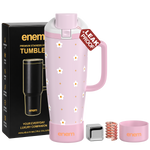 enem Sweet Floral Inbuilt Straw Tumbler with Handle, Stainless Steel Large Travel Mug, 1.2L