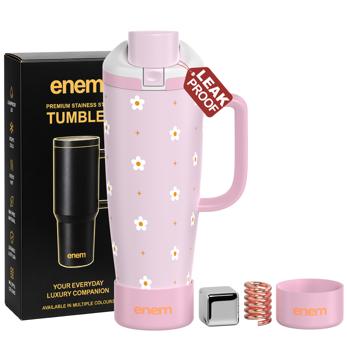 enem Sweet Floral Inbuilt Straw Tumbler with Handle, Stainless Steel Large Travel Mug, 1.2L