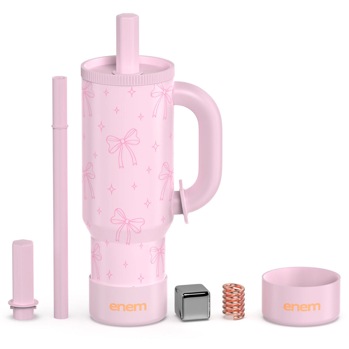 ENEM Stainless Steel Insulated Tumbler 1200ml – Travel Mug | Plugged Straw | Bow Blush | With Accessories