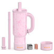 ENEM Stainless Steel Insulated Tumbler 1200ml – Travel Mug | Plugged Straw | Bow Blush | With Accessories