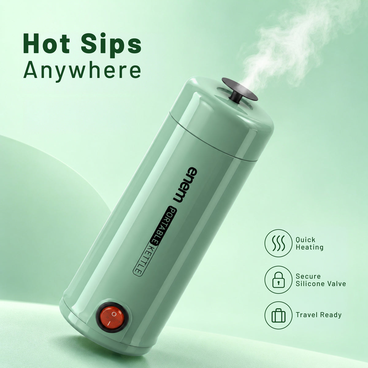 Enem Portable Electric Kettle 350ml, Mini Travel Kettle Food Grade Stainless Steel, Double Wall Insulation, Auto Shut-Off & Dry Boil Protection, Office, Travel & Home, Sage Green