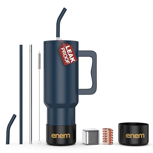 enem Tumbler, Blue Blood, Tumbler with Metal Straw, Sipper, with Lid , 1 Metal Ice Cube, 1 Copper Spring (Tamba), Base Protector, Mug Travel, 1.2L
