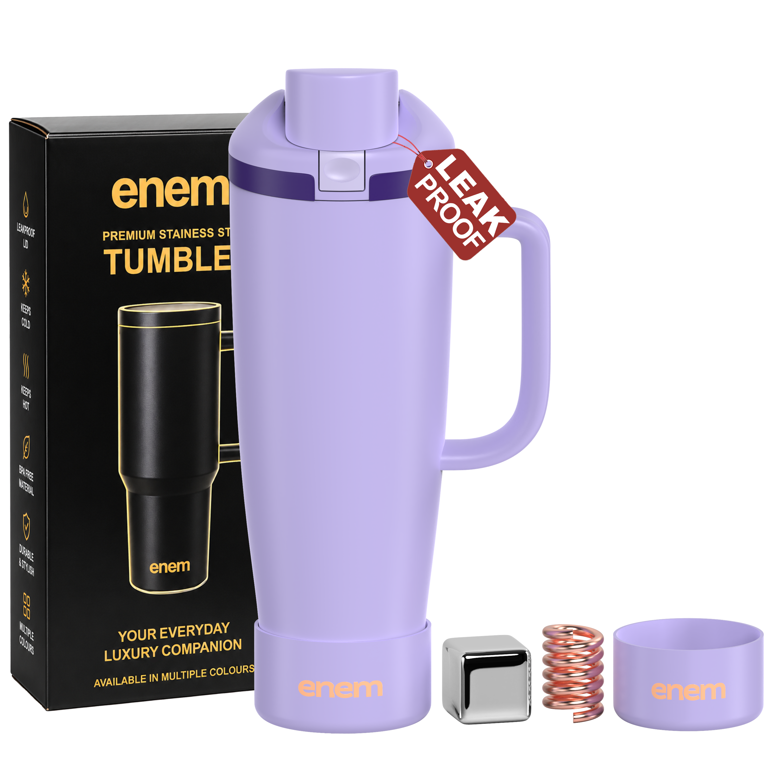 enem Soft Orchid Inbuilt Straw Tumbler with Handle, Stainless Steel Large Travel Mug, 1.2L