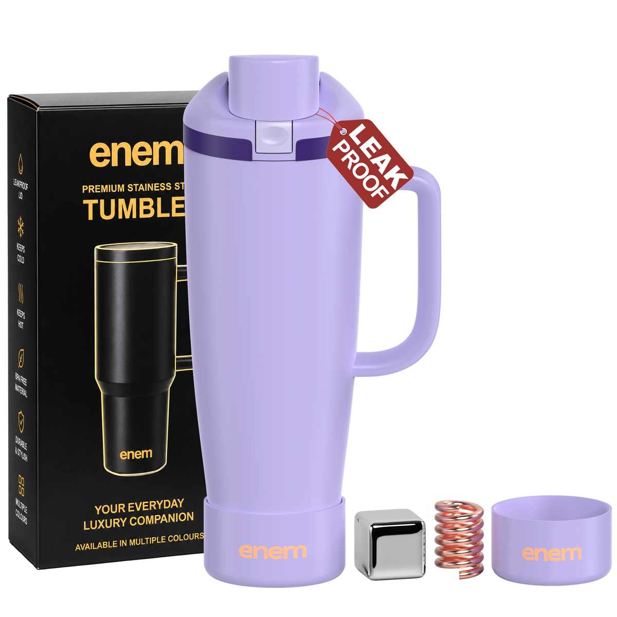 enem Soft Orchid Inbuilt Straw Tumbler with Handle, Stainless Steel Large Travel Mug, 1.2L