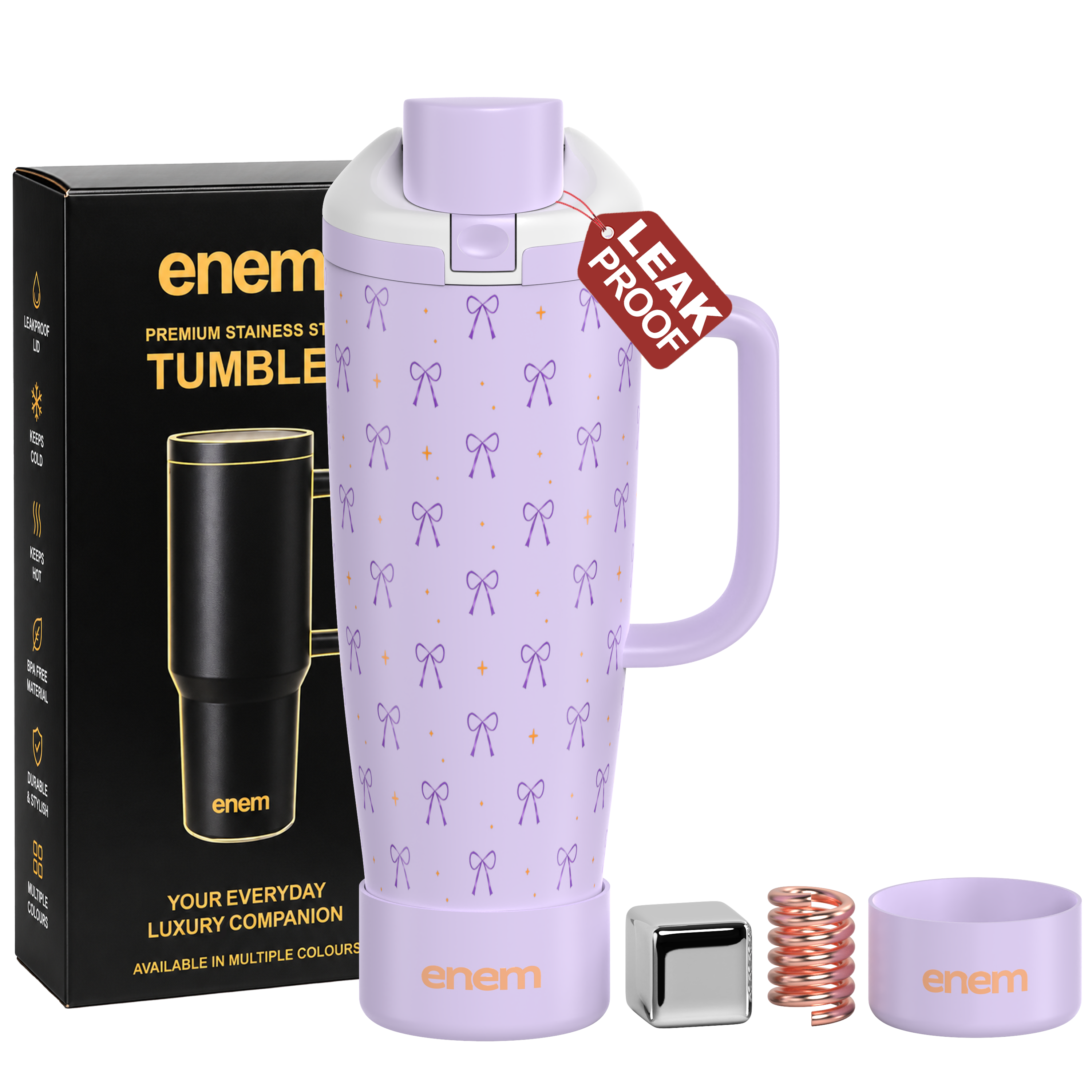 enem Lavender Knot Inbuilt Straw Tumbler with Handle, Stainless Steel Large Travel Mug, 1.2L