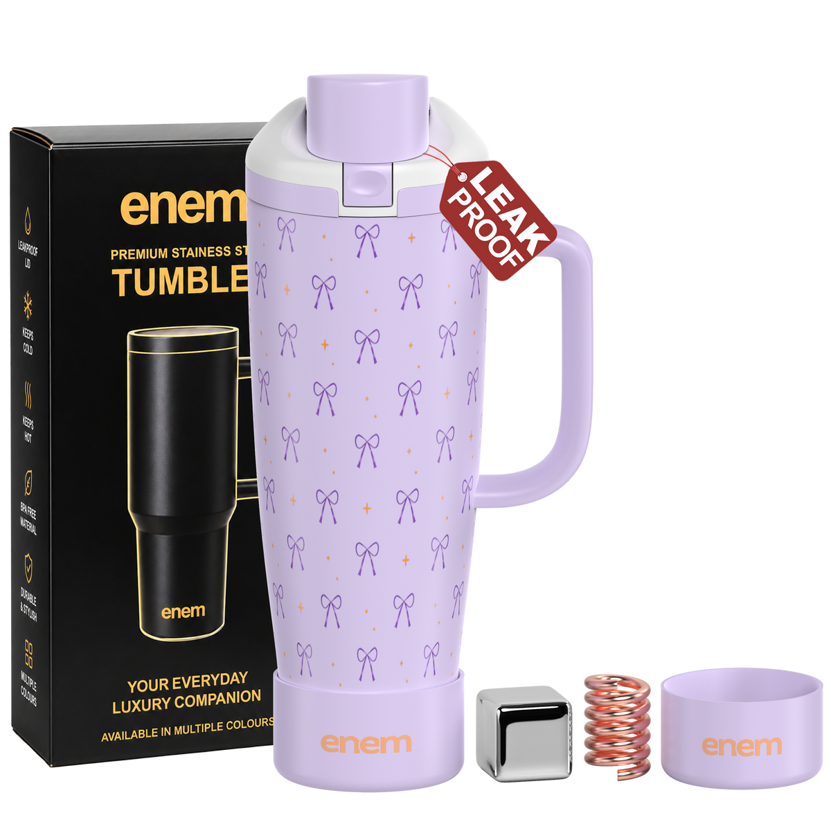 enem Lavender Knot Inbuilt Straw Tumbler with Handle, Stainless Steel Large Travel Mug, 1.2L