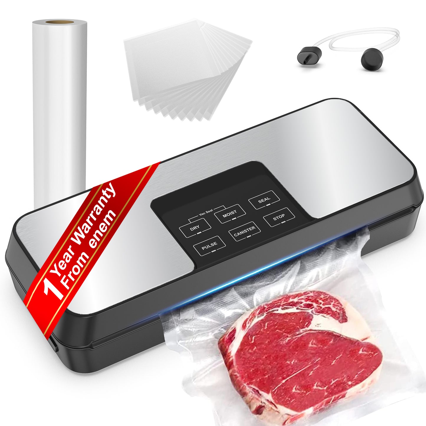 Enem Large Vacuum Sealer (Silver), with Free Roll & 10 Pouches