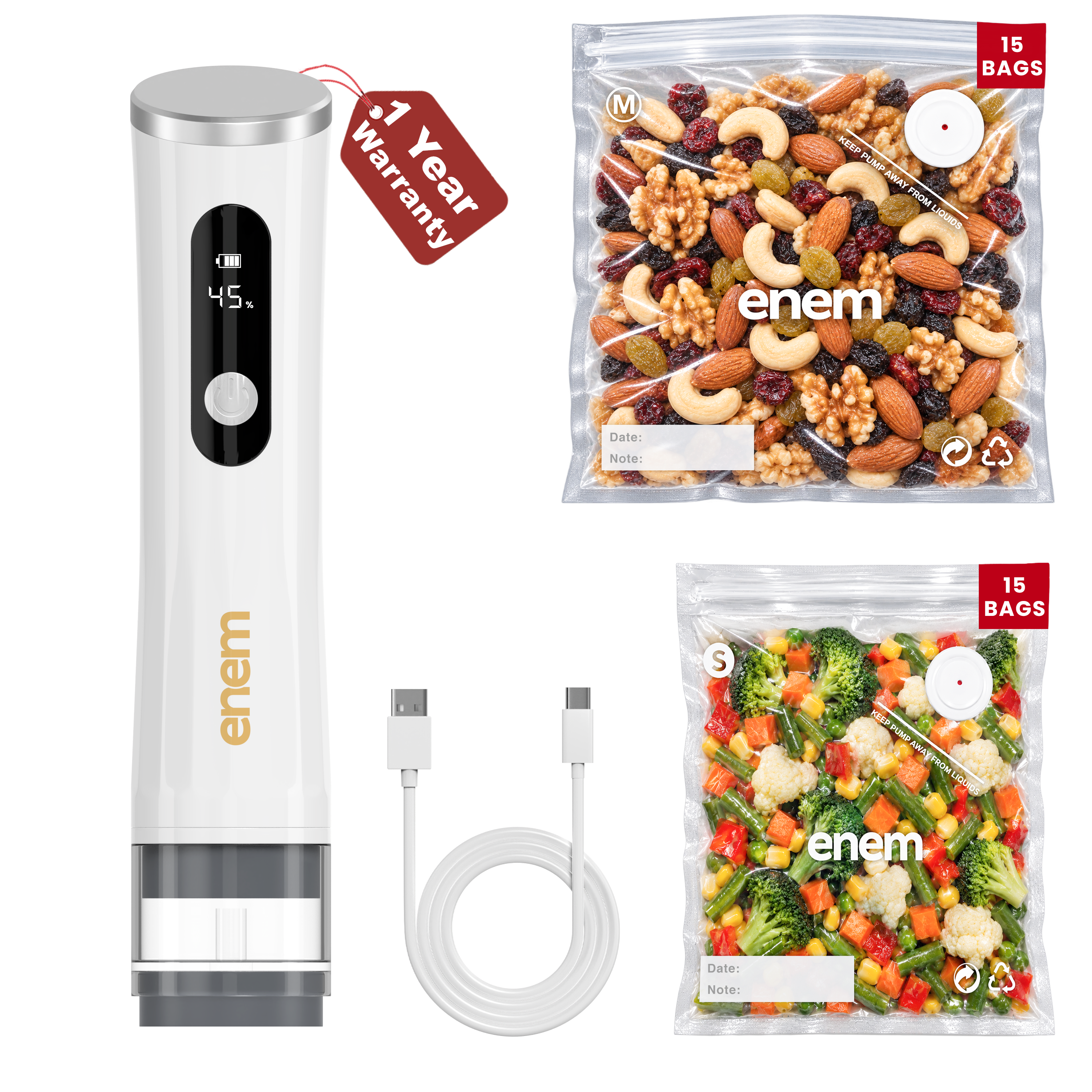 ENEM Vacuum Sealer Machine for Packing, Sealing Machine for Food Packets, with 1 Year Warranty & Full Customer Support from Enem, With 30 Reusable Vacuum Bags