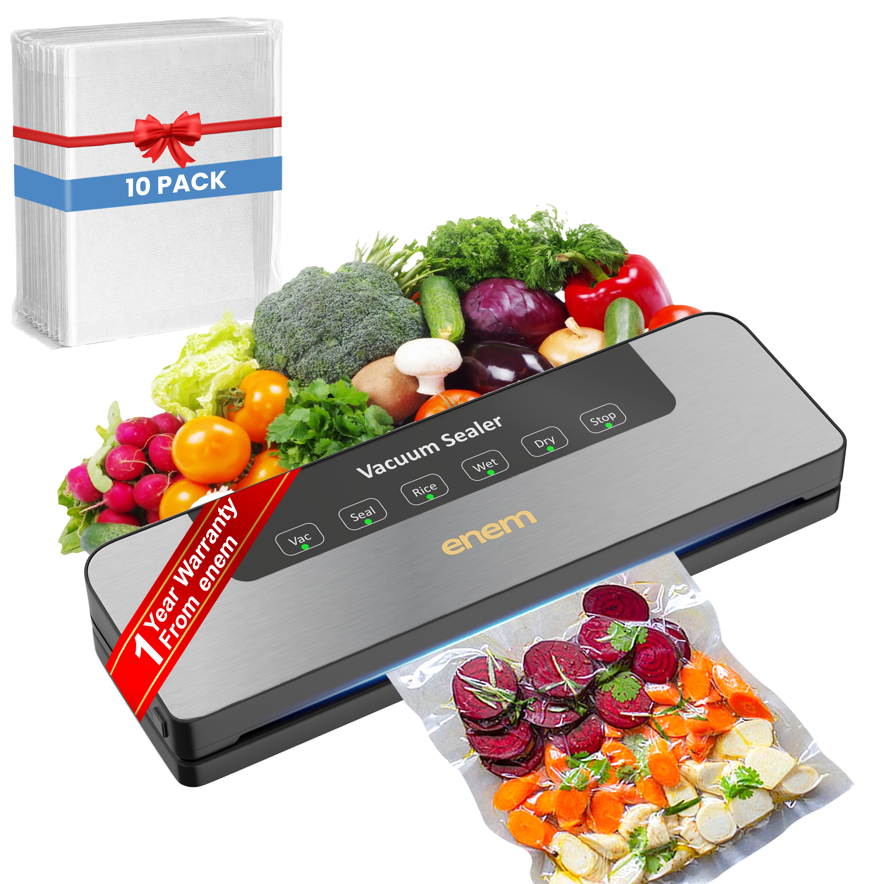 ENEM Vacuum Sealer Machine for Packing, Sealing Machine for Food Packets, 65kpa Automatic Packet Sealer Machine, with 1 Year Warranty from Enem, With 10 Vacuum Pouches