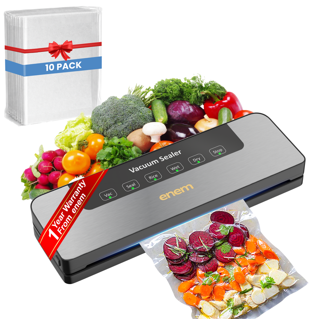 ENEM Vacuum Sealer Machine for Packing, Sealing Machine for Food Packets, 65kpa Automatic Packet Sealer Machine, with 1 Year Warranty from Enem, With 10 Vacuum Pouches