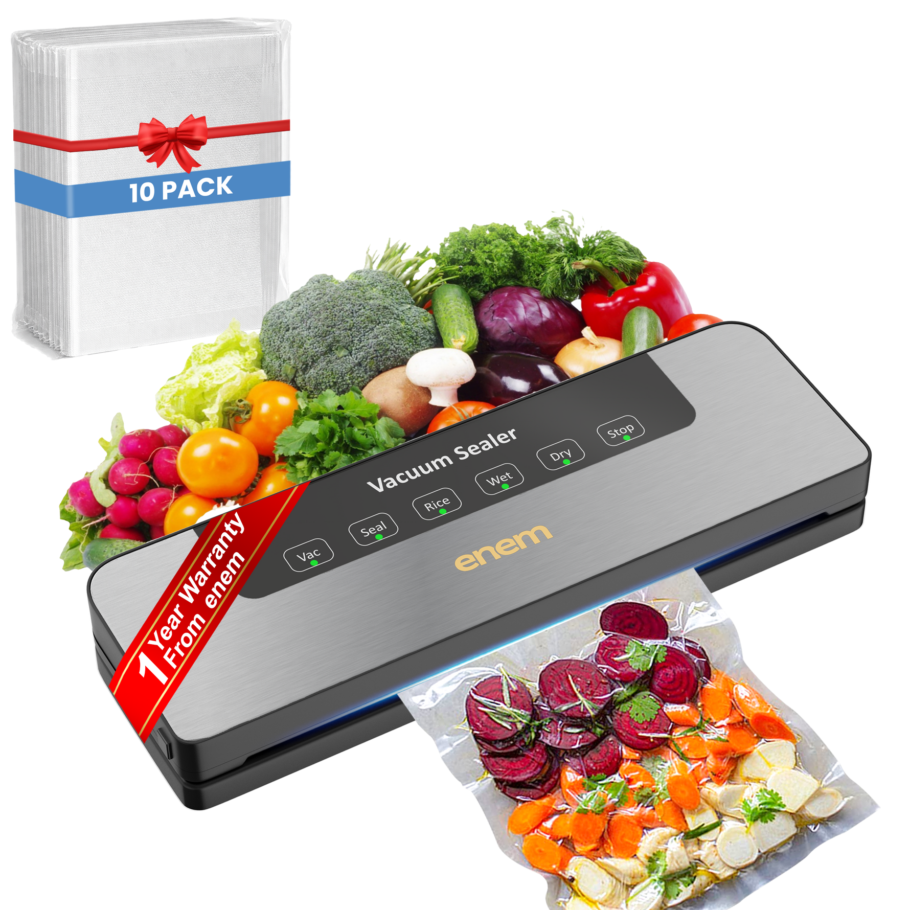 ENEM Vacuum Sealer Machine for Packing, Sealing Machine for Food Packets, 65kpa Automatic Packet Sealer Machine, with 1 Year Warranty from Enem, With 10 Vacuum Pouches