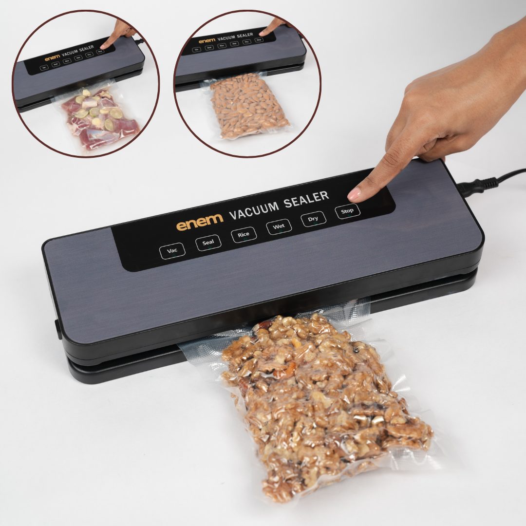 ENEM Vacuum Sealer Machine for Packing, Sealing Machine for Food Packets, 65kpa Automatic Packet Sealer Machine, with 1 Year Warranty from Enem, With 10 Vacuum Pouches