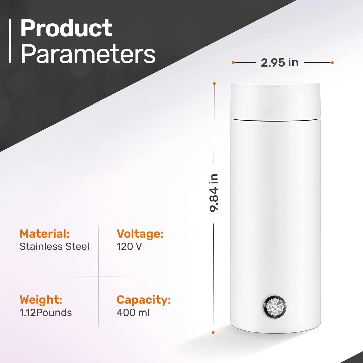Portable Electric Kettle White 300ml, Stainless Steel Bottle, Automatic Shut off and Dry Protection Travel Kettle