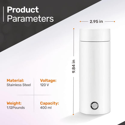 Portable Electric Kettle White 300ml, Stainless Steel Bottle, Automatic Shut off and Dry Protection Travel Kettle