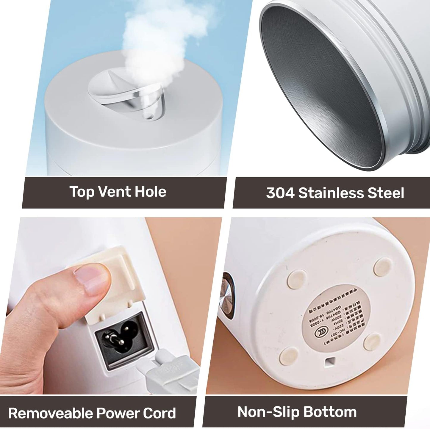 Portable Electric Kettle White 300ml, Stainless Steel Bottle, Automatic Shut off and Dry Protection Travel Kettle