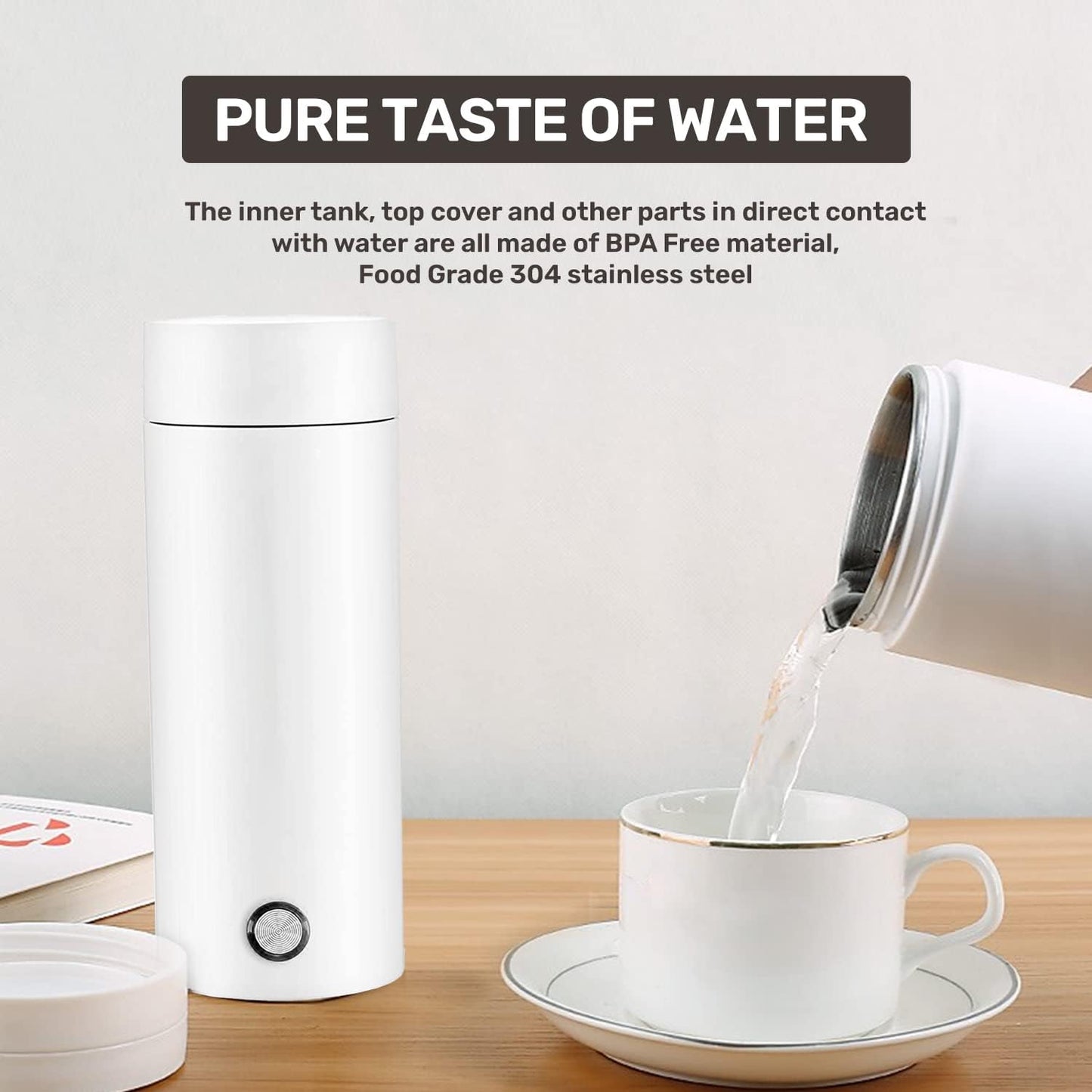 Portable Electric Kettle White 300ml, Stainless Steel Bottle, Automatic Shut off and Dry Protection Travel Kettle