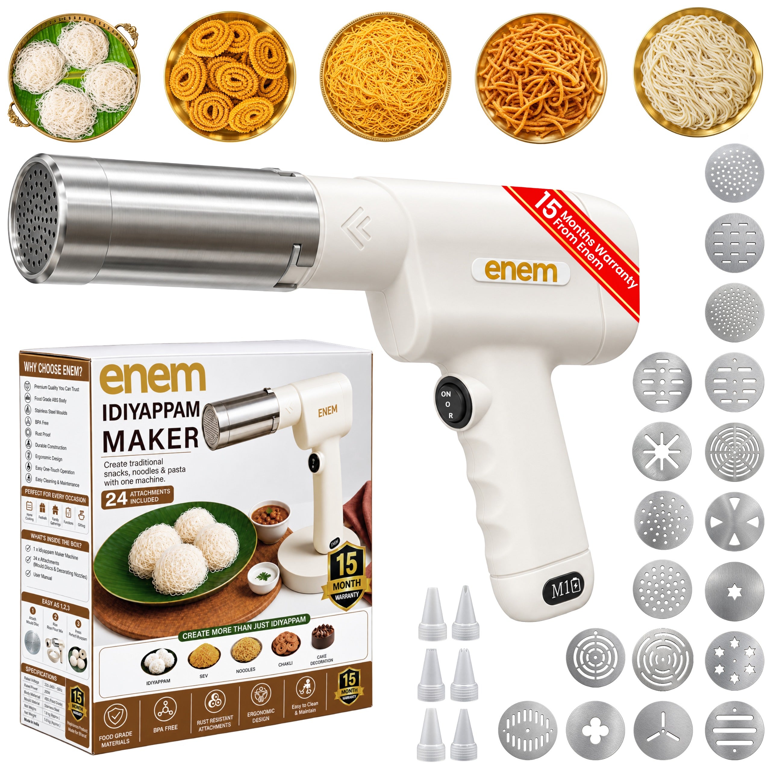 enem Electric Idiyappam Maker, Cordless Rechargeable Pasta & Noodle Maker with 24 Interchangeable Moulds, 50W Automatic Dough Press Machine, USB Rechargeable, White, with 15 Month Warranty