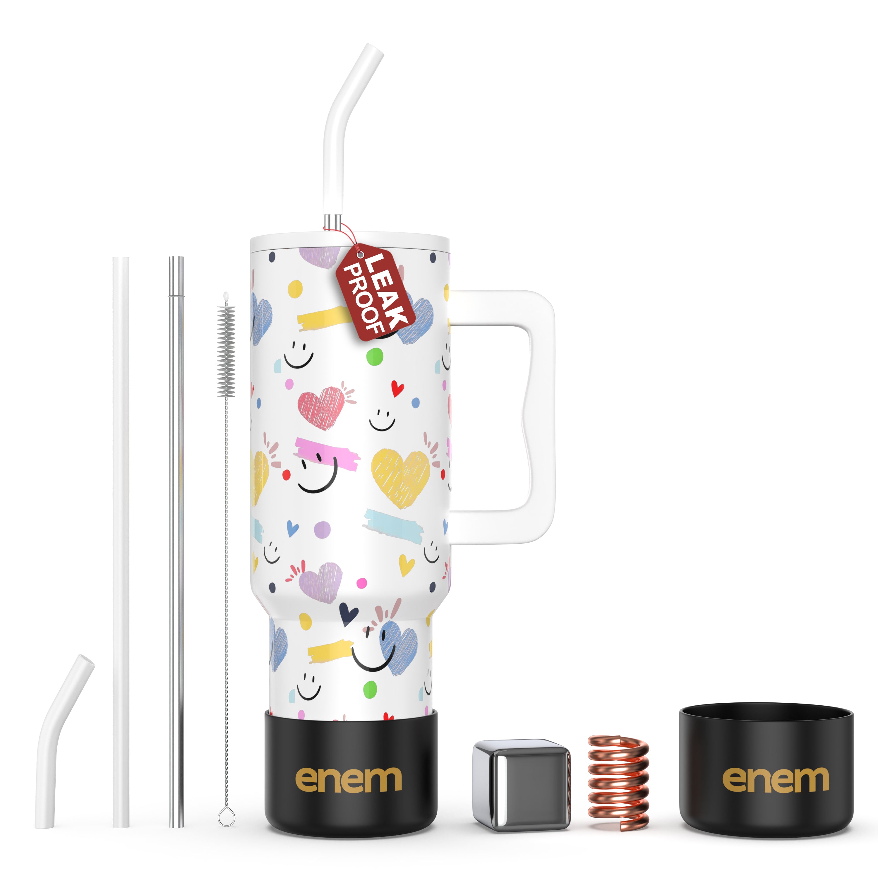 enem Tumbler, Happy Chaos, Tumbler with Metal Straw, Sipper, with Lid , 1 Metal Ice Cube, 1 Copper Spring (Tamba), Base Protector, Mug Travel, 1.2L