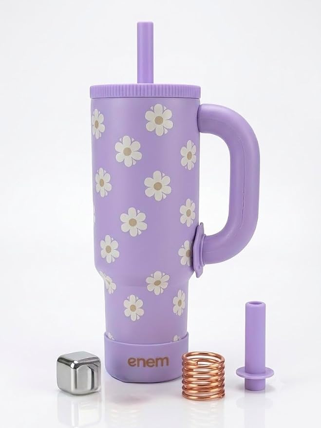 ENEM Stainless Steel Insulated Tumbler 1200ml – Travel Mug | Plugged Straw | Lilac Bloom | With Accessories